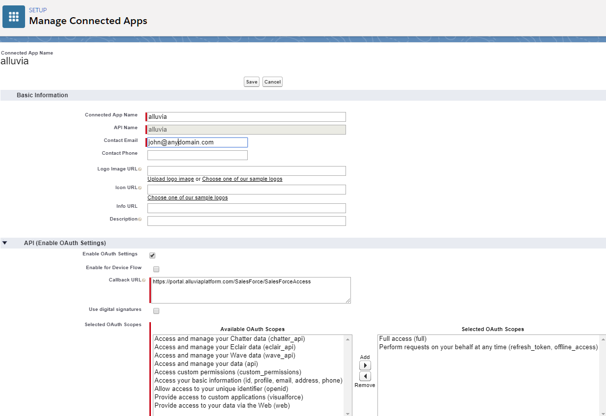 Salesforce Connected App – Alluvia Platform Support